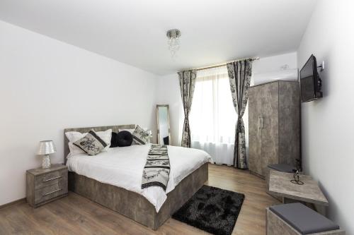 a bedroom with a large bed and a television at Casa Romeo & Julieta in Haţeg