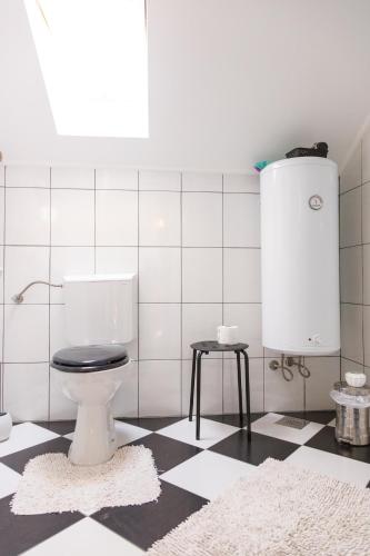 a bathroom with a toilet and a black and white floor at Apartmani Maraton in Vukovar