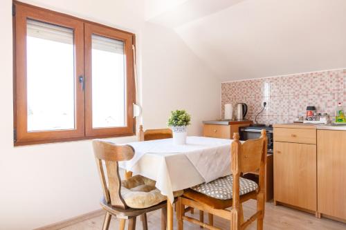 a kitchen with a table and chairs in a room at Apartmani Maraton in Vukovar