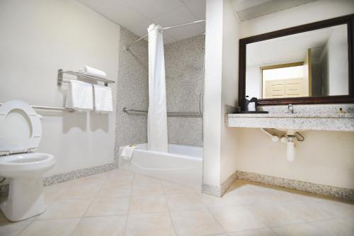 a white toilet sitting next to a bath tub in a bathroom at Best Western Plus Sandusky Hotel & Suites in Sandusky
