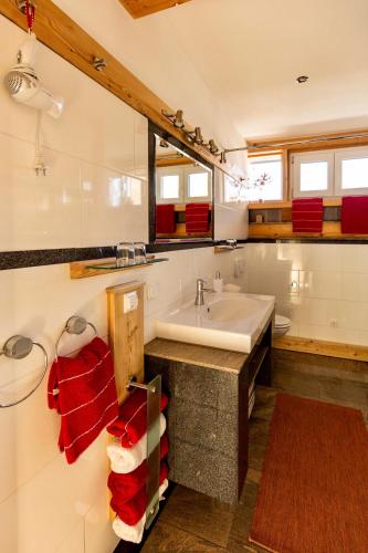 a bathroom with a sink and a large mirror at Chalet Magda-Lena in Heiligenblut