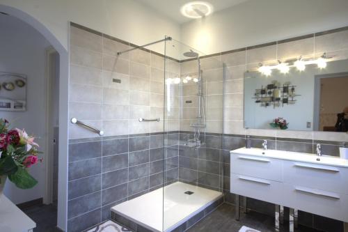 y baño con ducha, lavabo y espejo. en Petit Manoir du Bosc, en La Neuville-du-Bosc