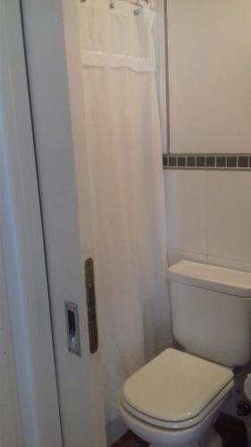La salle de bains est pourvue de toilettes et d'un rideau de douche. dans l'établissement Departamento Ciudad de la Paz, à Buenos Aires