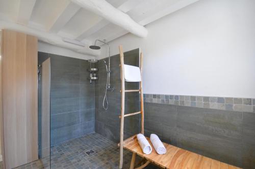 a bathroom with a shower with a wooden ladder at chambres d hotes Le Mas Julien piscine chauffée adult only in Orange