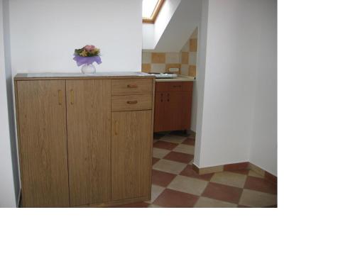 a kitchen with a vase of flowers on a counter at Bodzavirág Apartman in Hegykő