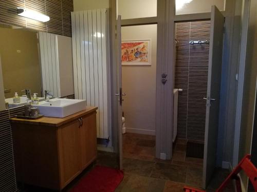 ein Badezimmer mit einem weißen Waschbecken und einem Spiegel in der Unterkunft aux coeurs de l'atelier in Menars