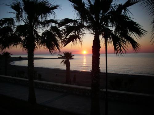 a sunset over a beach with palm trees and the ocean at La Esperanza Beach- Zona Pubs y Restaurantes in Mojácar