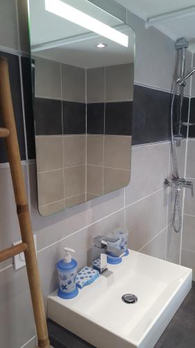 La salle de bains est pourvue d'un lavabo blanc et d'un miroir. dans l'établissement Location studio Grau du Roi Mas des Marines Piscine, au Grau-du-Roi