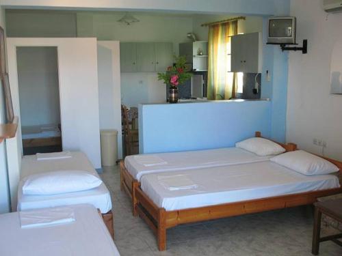 イオス島 チョーラにあるVesuvio Kamposのベッド2台とキッチンが備わる客室です。