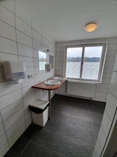 ein Bad mit einem Waschbecken und einem Fenster in der Unterkunft Olivin Kytlice Hiker Huts in Kytlice
