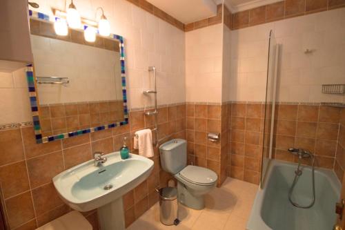 une salle de bain avec un lavabo, des toilettes et une douche dans l'établissement Apartamentos Las Palmeras, à Cangas de Onís