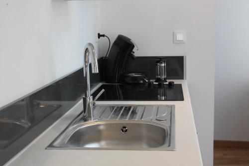 een roestvrijstalen wastafel in een witte keuken bij Résidence MILA in Valenciennes