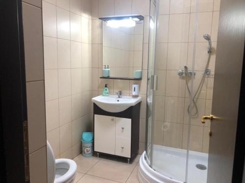 a bathroom with a shower and a sink and a toilet at Studio Summerland in Mamaia