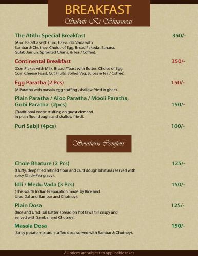 a picture of the menu of the breakfast at Hotel Atithi in Guwahati