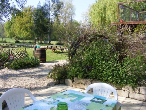 una mesa y sillas en un parque con una mesa de picnic en Gites Mirathon, en Baleyssagues