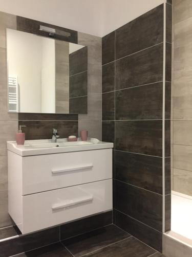 a bathroom with a sink and a mirror at Magnifique et lumineux appartement au cœur du Sancy in Saint-Nectaire