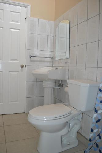 a white bathroom with a toilet and a sink at Hotel Los Chilamates in Granada