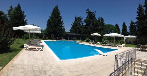 a large swimming pool with chairs and umbrellas at Relais Villa Sant'Isidoro in Colbuccaro
