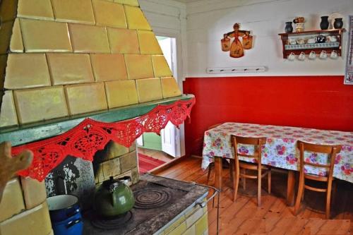 a kitchen with a stove and a table with chairs at Agroturystyka INKA in Hajnówka