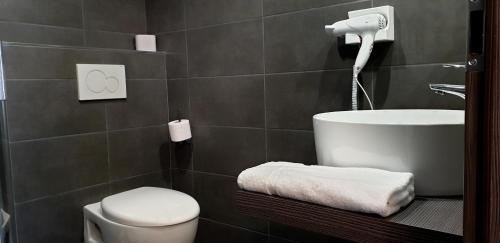 a bathroom with a white toilet and a sink at Třeboňské Apartmány in Třeboň