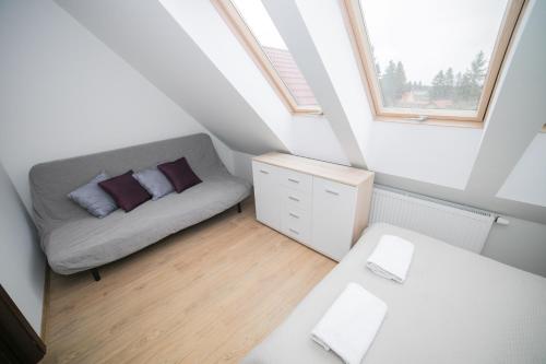 ポラニツァ・ズドルイにあるMS-APART Apartament Sudety 2-Poziomowyのソファと窓付きの小さな屋根裏部屋です。