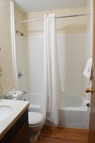 a bathroom with a toilet and a tub and a sink at Budget Inn Ontario in Ontario Center