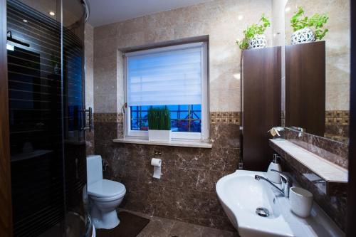 a bathroom with a sink and a toilet and a window at Domki letniskowe Deluxe in Dąbki