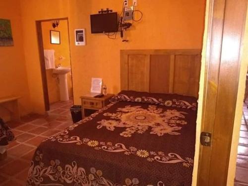 a bedroom with a bed and a tv on a wall at Hotel San Pancho in Real de Catorce