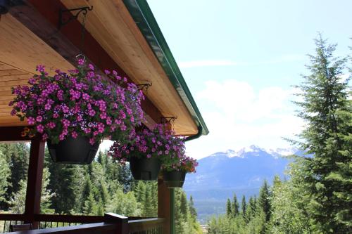 a bunch of flowers hanging from the side of a building at Cedar House Restaurant & Chalets in Golden