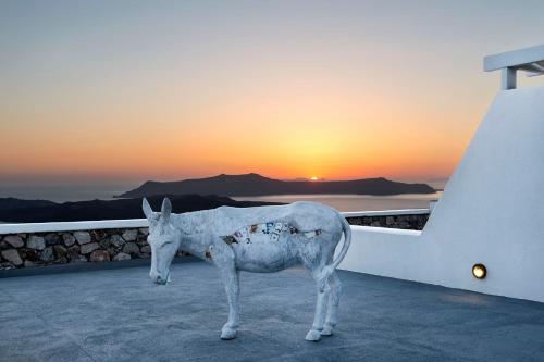 a white horse standing on a roof with the sunset in the background at Lilium Hotel Santorini in Fira