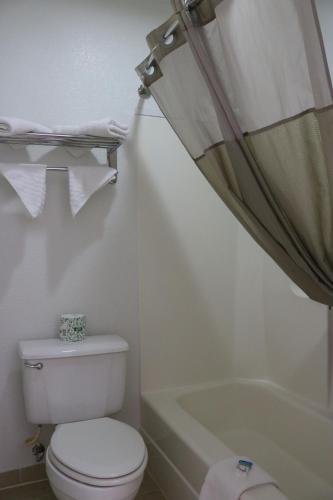 a bathroom with a toilet and a tub and a sink at Heritage Inn & Suites in El Dorado
