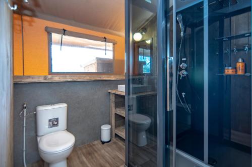 a small bathroom with a toilet and a shower at Marinaparcs Almere in Almere