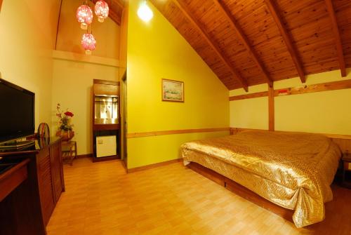 a bedroom with a bed and a flat screen tv at Shinmingshan Holiday Inn in Lugu