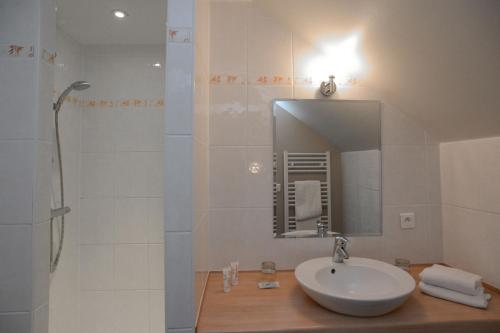 La salle de bains est pourvue d'un lavabo, d'une douche et d'un miroir. dans l'établissement La Ferme des Mares, Demeures & Châteaux, à Saint-Germain-sur-Ay