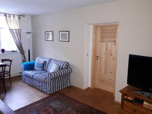 een woonkamer met een bank en een televisie bij Villa Sängerstein in Eisenach