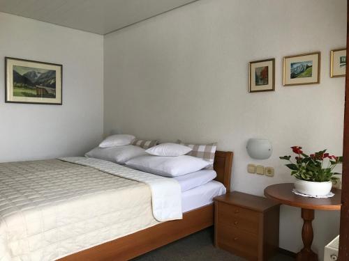 a bedroom with a bed and a table with a potted plant at Apartmaji Sušnik in Bled
