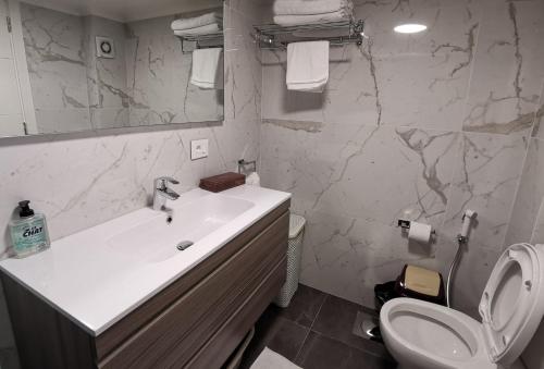 a bathroom with a sink and a toilet and a mirror at West House Apartments-Mar Mikhael in Beirut