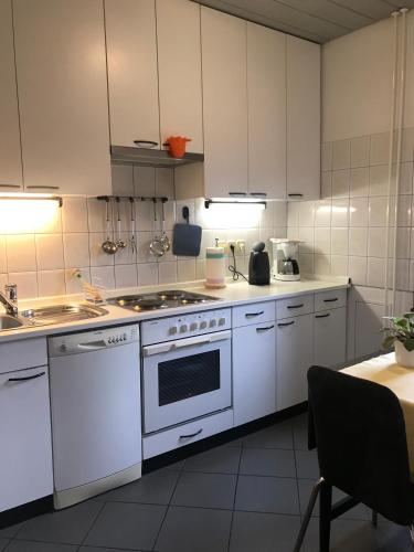 a kitchen with white cabinets and a white stove top oven at Apartmaji Sušnik in Bled
