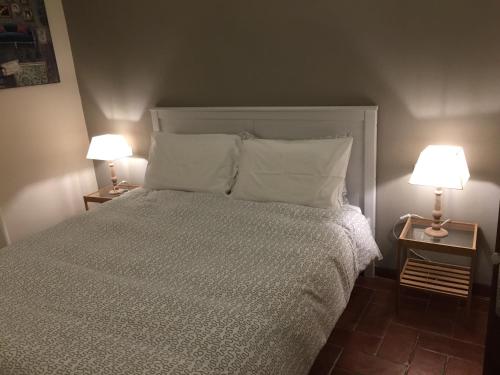 ラ・スペツィアにあるLa Pieve di Lucaのベッドルーム1室(白いベッド1台、ランプ2つ付)
