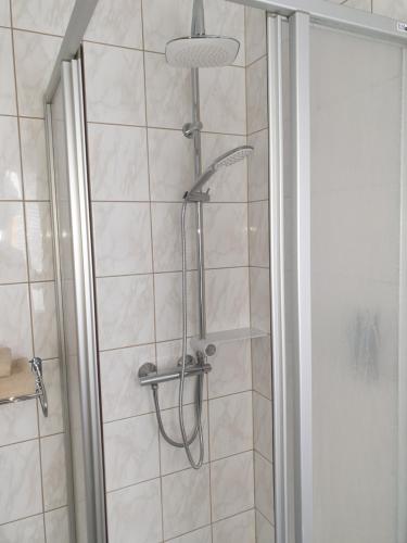 a shower with a shower head in a bathroom at Hotel Sonnenschein in Bad Liebenwerda
