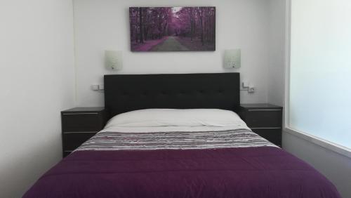 um quarto com uma cama com um cobertor roxo em Estudio playa Benalmadena em Benalmádena