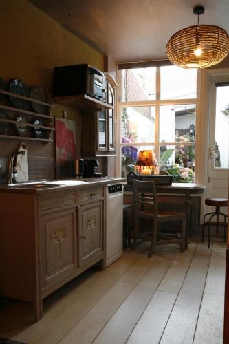 een keuken met een wastafel en een fornuis top oven bij DownTown46 in Bergen op Zoom