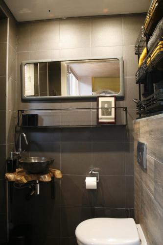 bagno con lavandino, servizi igienici e specchio di DownTown46 a Bergen op Zoom