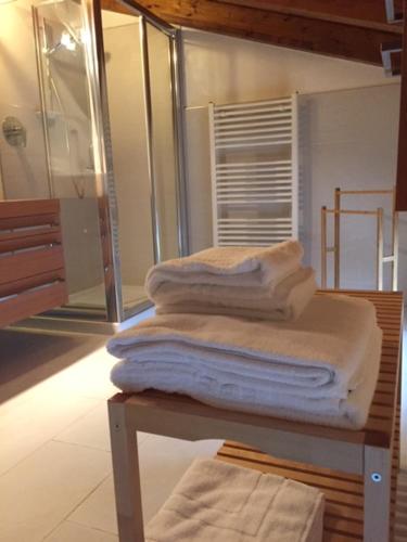 a pile of towels sitting on a table in a room at AmaMantua in Mantova