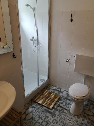 a bathroom with a shower and a toilet at Apartments Bassi in Stara Baška