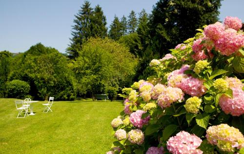 a garden with two chairs and flowers in the grass at Hotel-restaurant Les Caudalies in Arbois