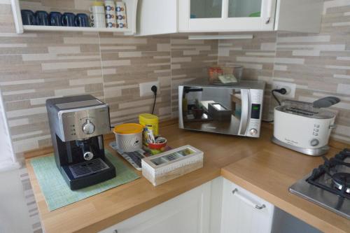 encimera de cocina con cafetera y microondas en B&B Casa di Mimma, en Montesilvano