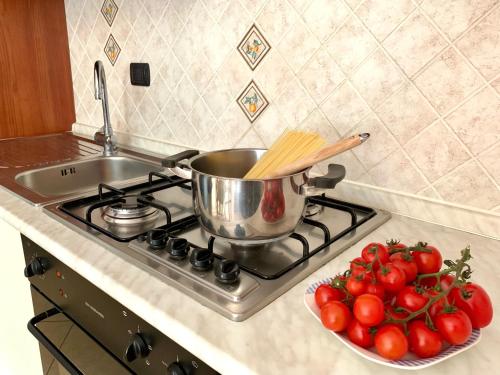 a pot on a stove next to a bowl of tomatoes at Villa Margherita in Montaquila