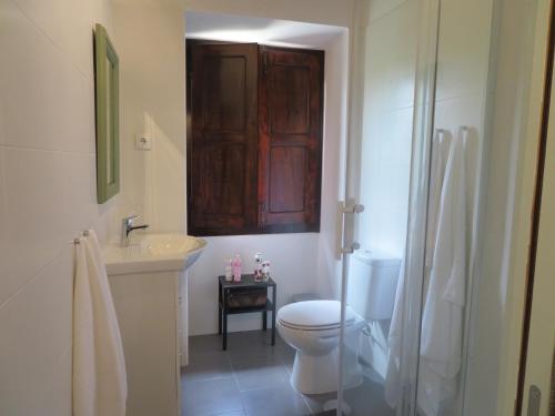 a bathroom with a toilet and a sink and a shower at Quinta dos Capuchos Casa da Adega in Alcobaça
