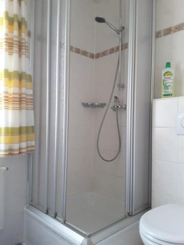 a shower stall in a bathroom with a toilet at Haus Hopp - Bungalow in Dahme